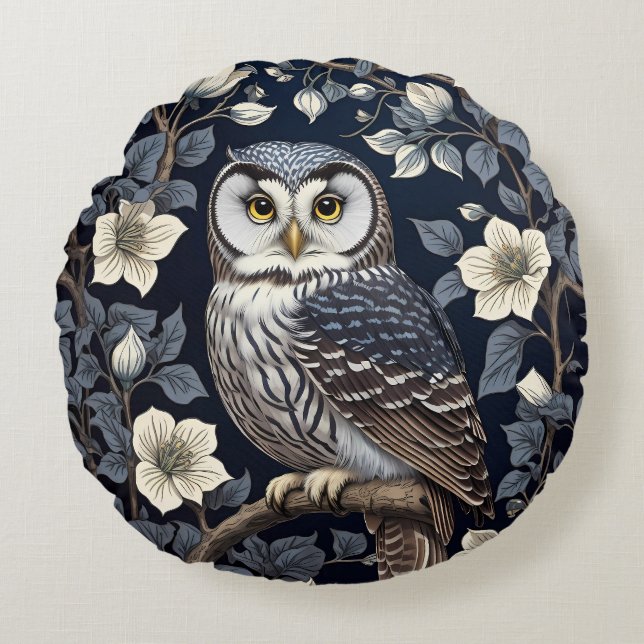 Cute Northern Saw-Whet Owl And Moonflowers On Navy Round Cushion (Front)