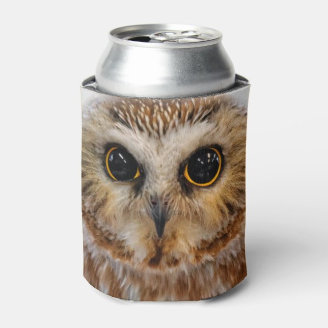 Cute Northern Saw Whet Owl Can Cooler (Can Front)