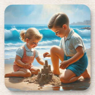 Cute Nostalgic Children at the Beach 50's Era Coaster