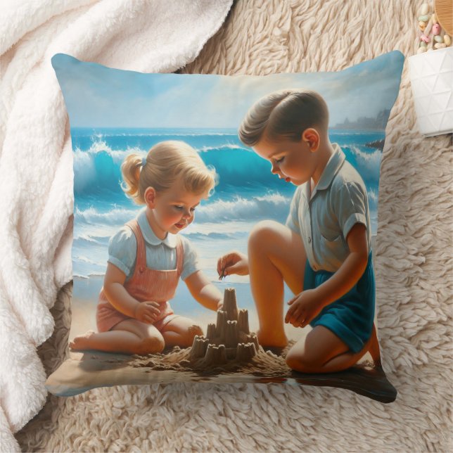 Cute Nostalgic Children at the Beach 50's Era Cushion (Blanket)