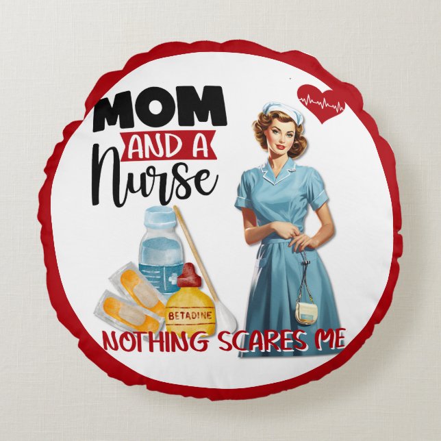 Cute Nostalgic Nurse Pinup Mum and Nurse Round Cushion (Front)