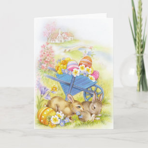 Cute nostalgic vintage easter bunnies holiday card