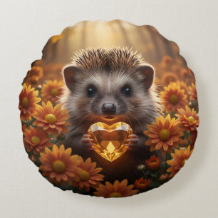Cute November Hedgehog with Topaz Heart Round Cushion