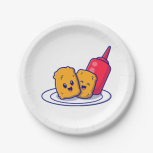 Cute Nuggets Smile With Sauce Cartoon Paper Plate