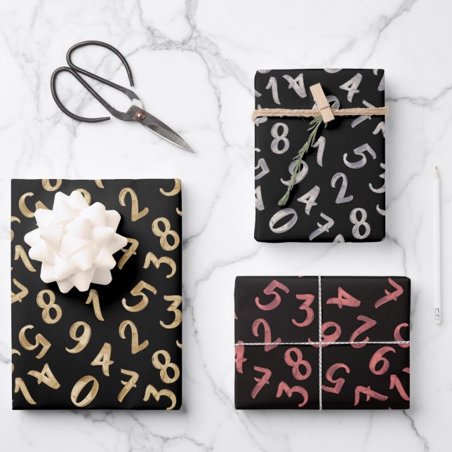 Cute Numbers Black Rose Gold Pattern Mathematics Wrapping Paper Sheet (Front)