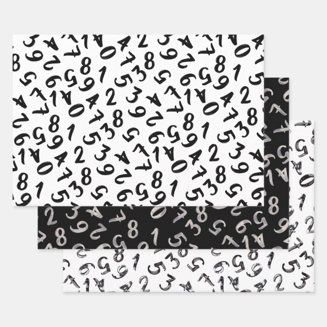 Cute Numbers Black White Grey Pattern Mathematics Wrapping Paper Sheet (Set)