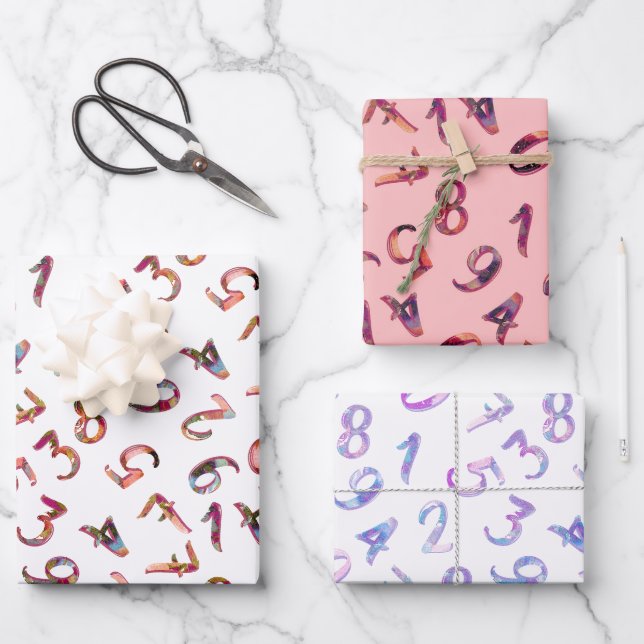 Cute Numbers Pattern Pink Purple White Mathematics Wrapping Paper Sheet (Front)
