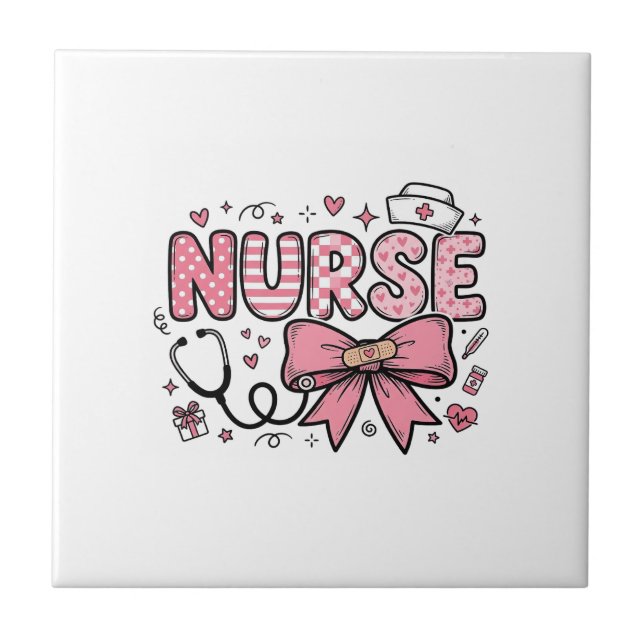 Cute Nurse Bow Heart Vector Shirt Design_1 Ceramic Tile (Front)