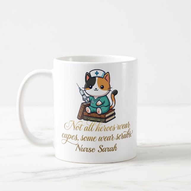 Cute Nurse Calico Cat Personalized Coffee Mug (Left)