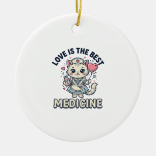 Cute Nurse Cat Love Is the Best Medicine Design_1 Ceramic Ornament