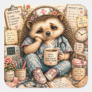 Cute Nurse Hedgehog Watercolor Art Square Sticker