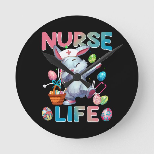 Cute Nurse Life Dabbing Easter Bunny Round Clock (Front)