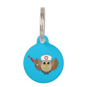 Cute Nurse Owl with Syringe Cartoon   Add Name Pet Tag