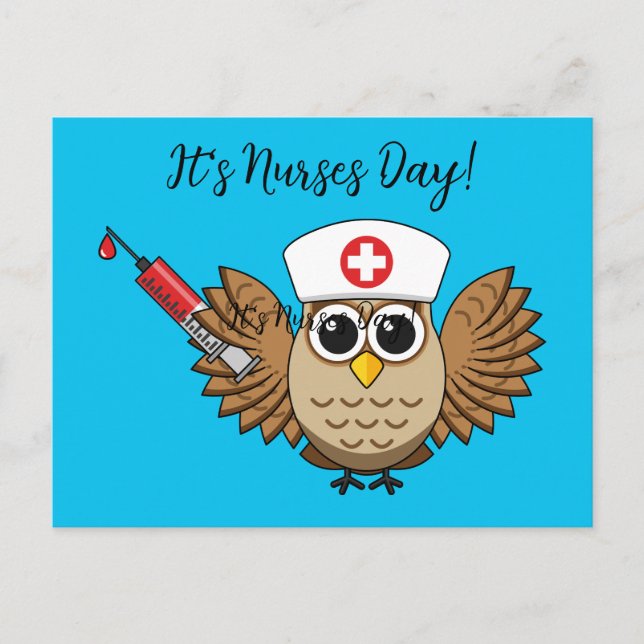Cute Nurse Owl with Syringe Cartoon | Add Text Holiday Postcard (Front)