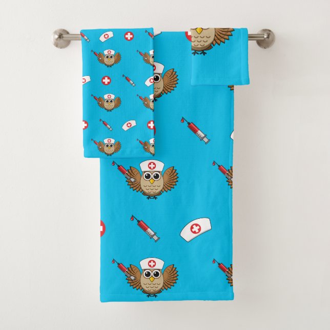 Cute Nurse Owl with Syringe Cartoon Bath Towel Set (Insitu)