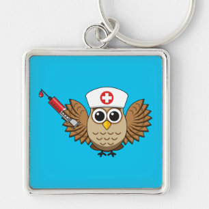 Cute Nurse Owl with Syringe Cartoon Key Ring