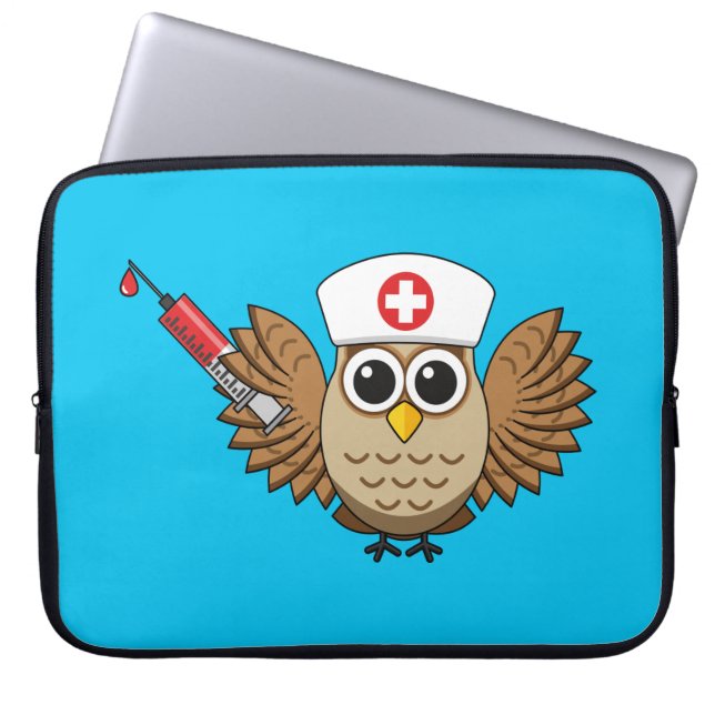 Cute Nurse Owl with Syringe Cartoon Laptop Sleeve (Front)