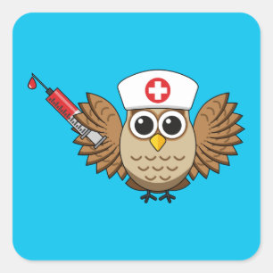 Cute Nurse Owl with Syringe Cartoon Square Sticker