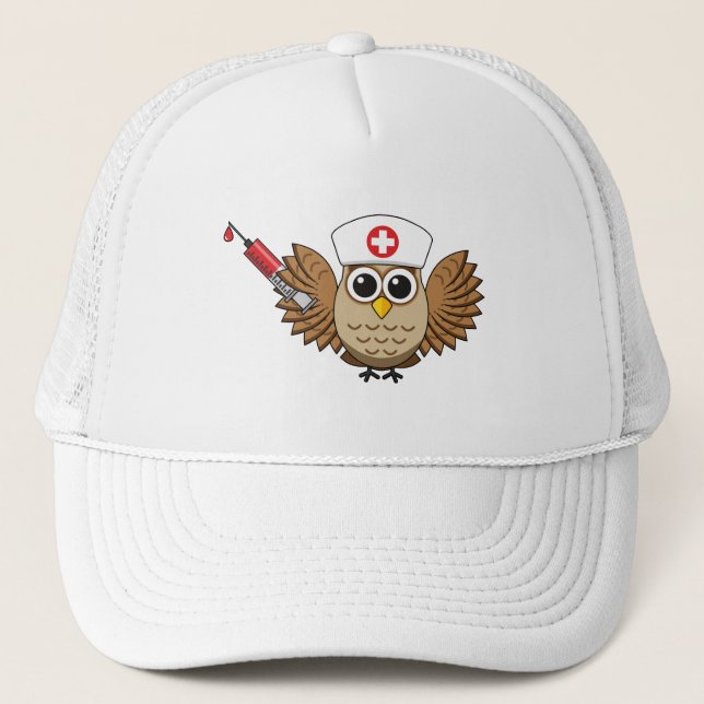 Cute Nurse Owl with Syringe Cartoon Trucker Hat (Front)