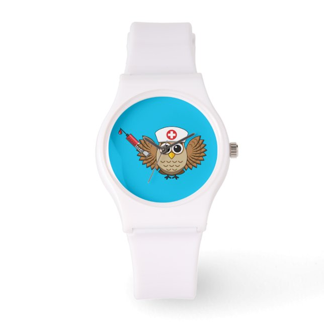 Cute Nurse Owl with Syringe Cartoon Watch (Front)