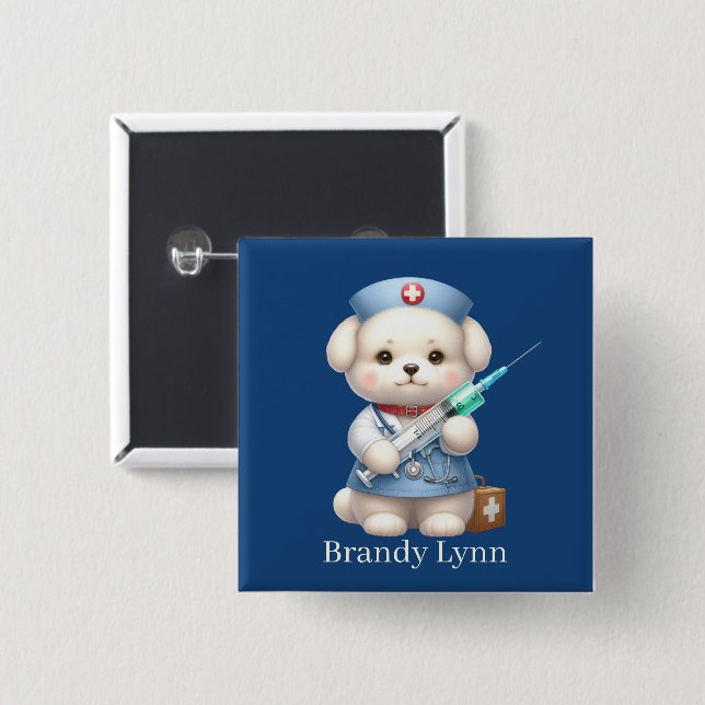 Cute Nurse puppy add name  15 Cm Square Badge (Front & Back)