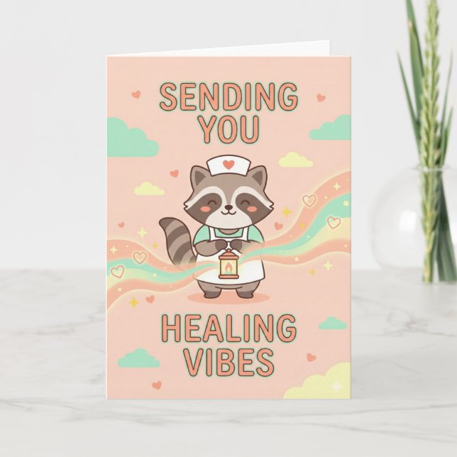 Cute Nurse Racoon Sending You Healing Vibes Get Card (Front)