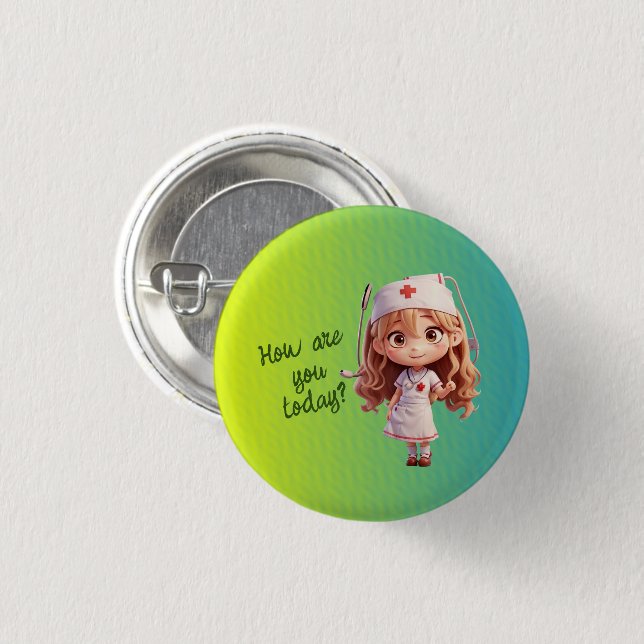 Cute Nurse with English Greeting Button Badge (Front & Back)