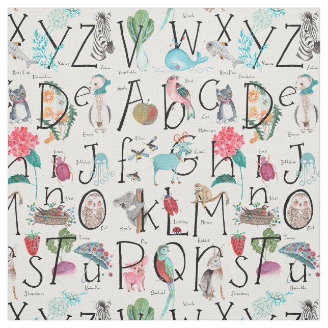 Cute nursery Alphabet kids ABC Illustration Fabric (Swatch)