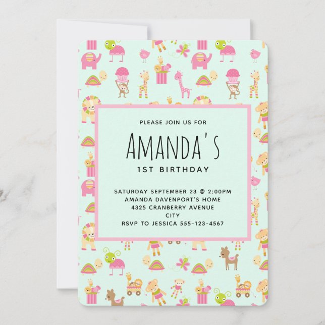 Cute Nursery Animals Pattern Birthday Invitation (Front)