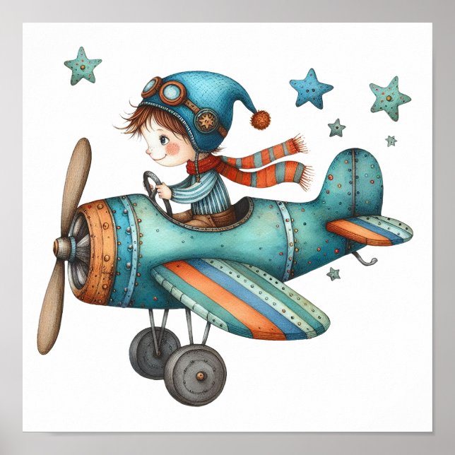 Cute Nursery Art Child Flying Old Aeroplane Poster (Front)