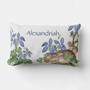 Cute Nursery Blue Floral Rabbit Watercolor Bunny Lumbar Cushion