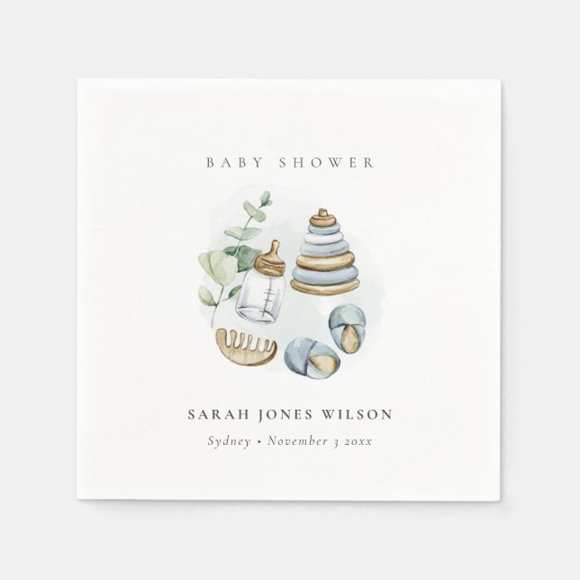 Cute Nursery Essential Leafy Blue Boy Baby Shower Napkin (Front)