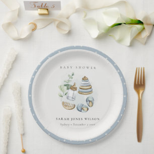 Cute Nursery Essential Leafy Blue Boy Baby Shower Paper Plate