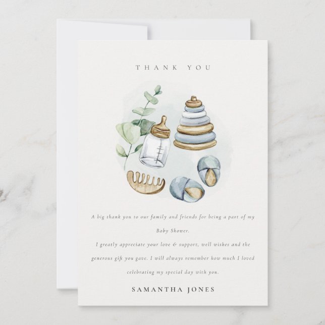 Cute Nursery Essential Leafy Blue Boy Baby Shower Thank You Card (Front)