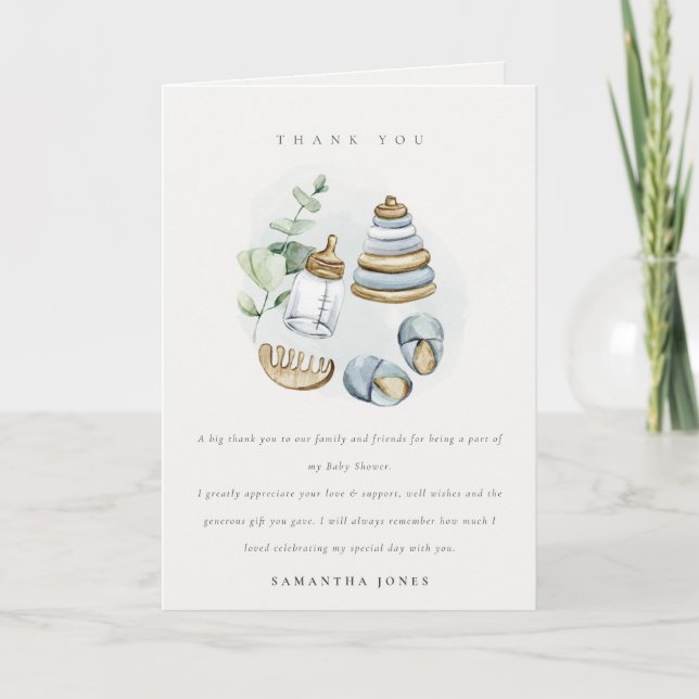 Cute Nursery Essential Leafy Blue Boy Baby Shower Thank You Card (Front)