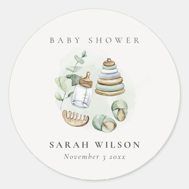 Cute Nursery Essential Leafy Green Baby Shower Classic Round Sticker (Front)