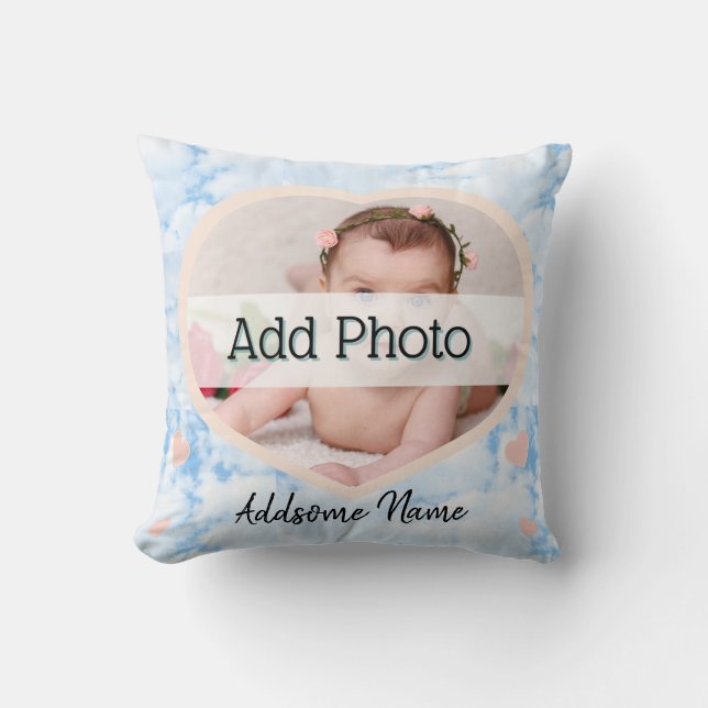 Cute Nursery Pink Heart Baby Photo name blue sky Cushion (Front)