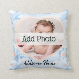 Cute Nursery Pink Heart Baby Photo name blue sky Cushion