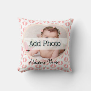 Cute Nursery Pink Heart Baby Photo pink foot print Cushion