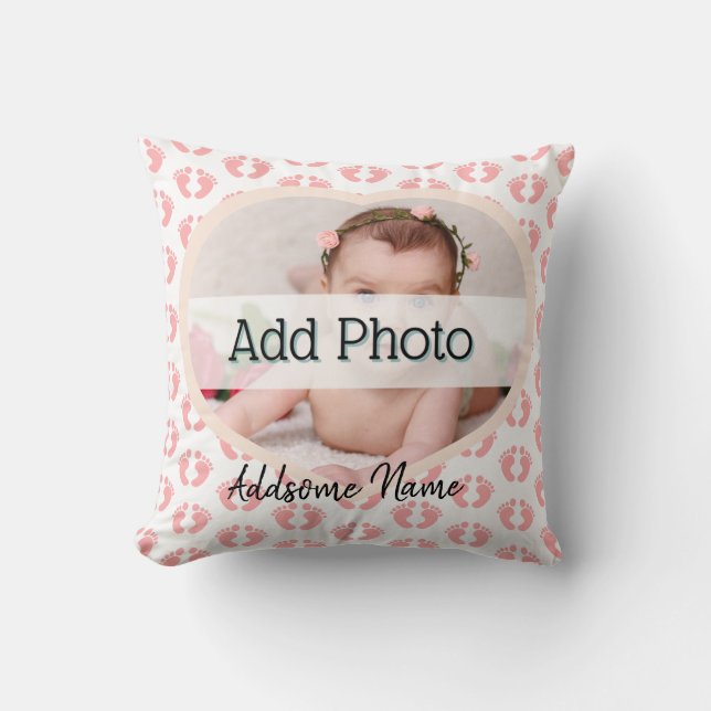 Cute Nursery Pink Heart Baby Photo pink foot print Cushion (Front)