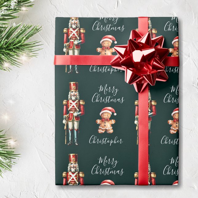 Cute Nutcracker Dark Green Personalised Christmas Wrapping Paper (Creator Uploaded)