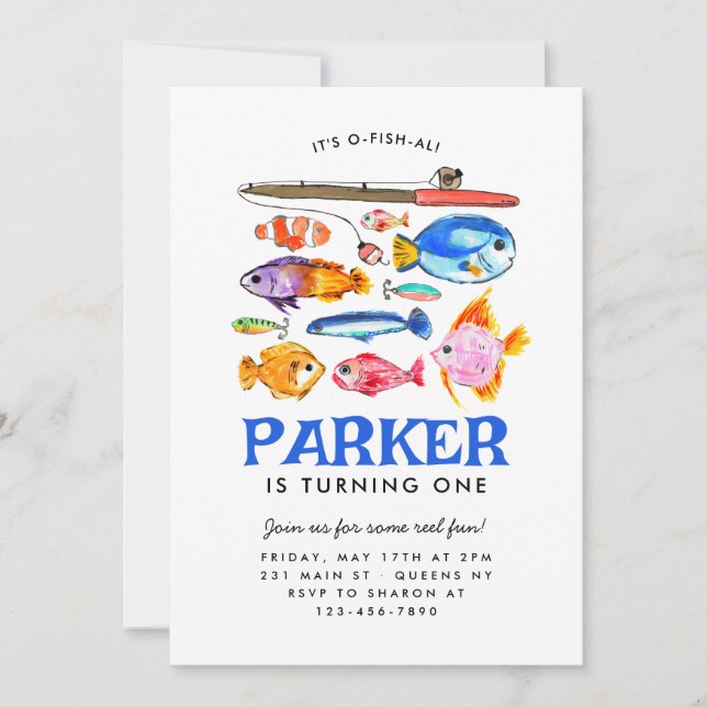 Cute O-Fish-al Reel Fun Gone Fish Fishing Birthday Invitation (Front)