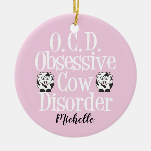 Cute Obsessive Cow Disorder Pink Ceramic Tree Decoration (Front)
