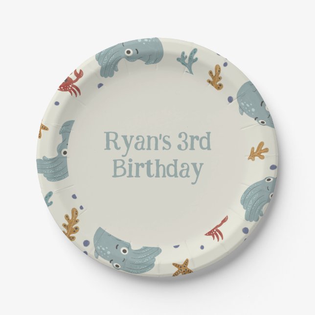 Cute Ocean Animals Birthday Party Cake Paper Plate (Front)