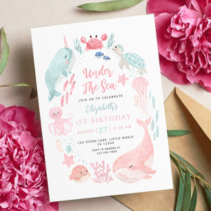 Cute Ocean Animals Girl's 1st Birthday Invitation
