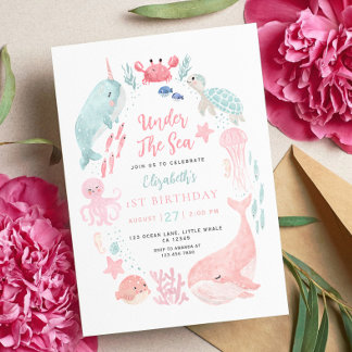 Cute Ocean Animals Girl's 1st Birthday Invitation
