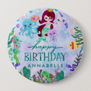 Cute Ocean Animals Mermaid Theme Happy Birthday 10 Cm Round Badge