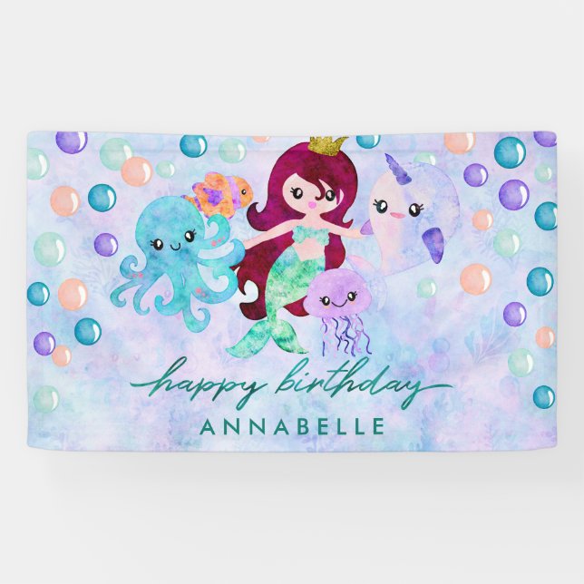 Cute Ocean Animals Mermaid Theme Happy Birthday Banner (Horizontal)