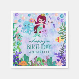 Cute Ocean Animals Mermaid Theme Happy Birthday Napkin