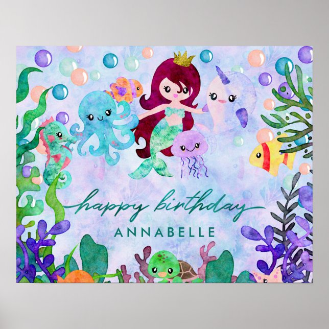 Cute Ocean Animals Mermaid Theme Happy Birthday Poster (Front)